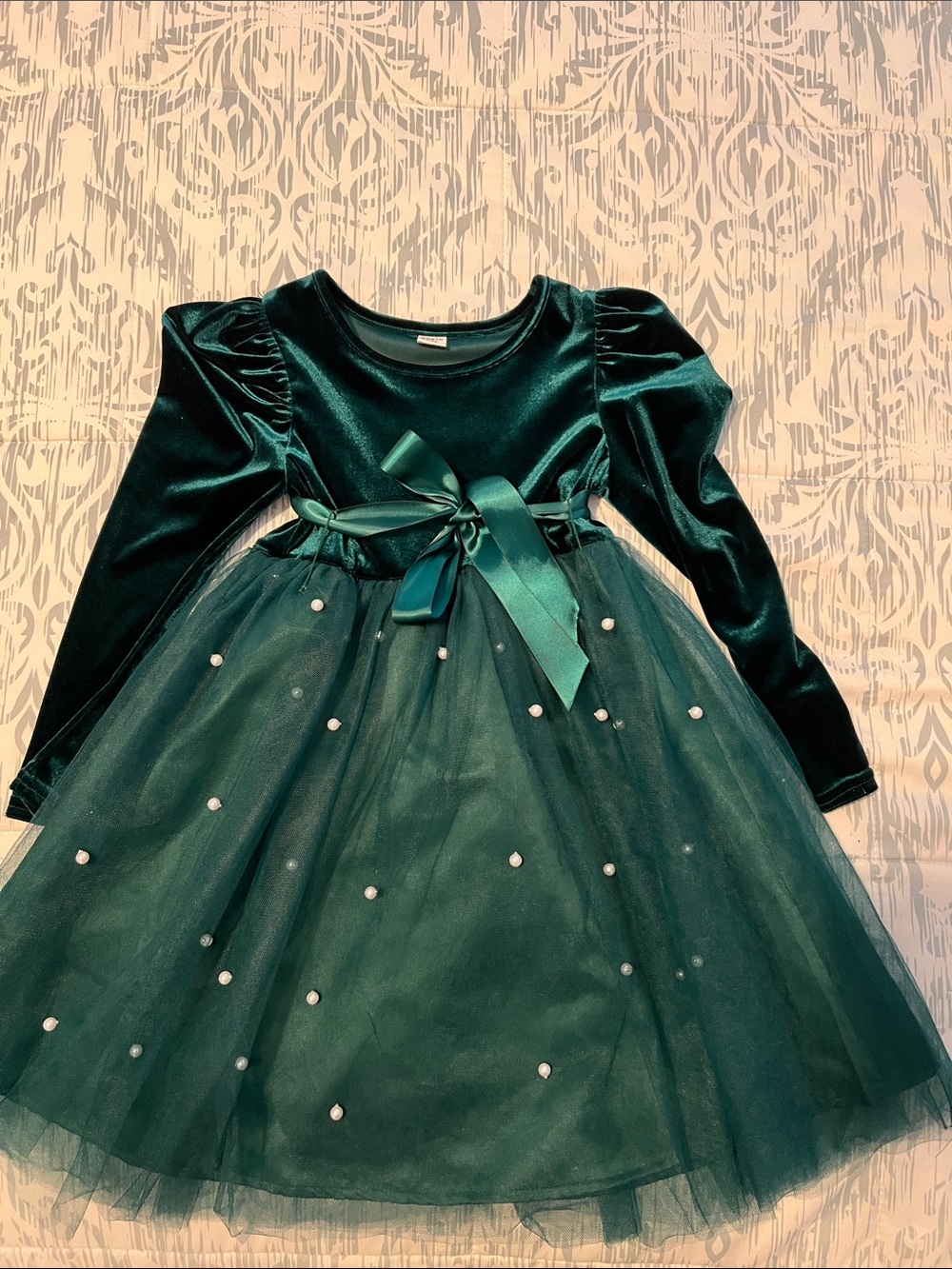 SHEIN Dark Green Velvet & Tulle Pearl Accent Party Dress for Girls